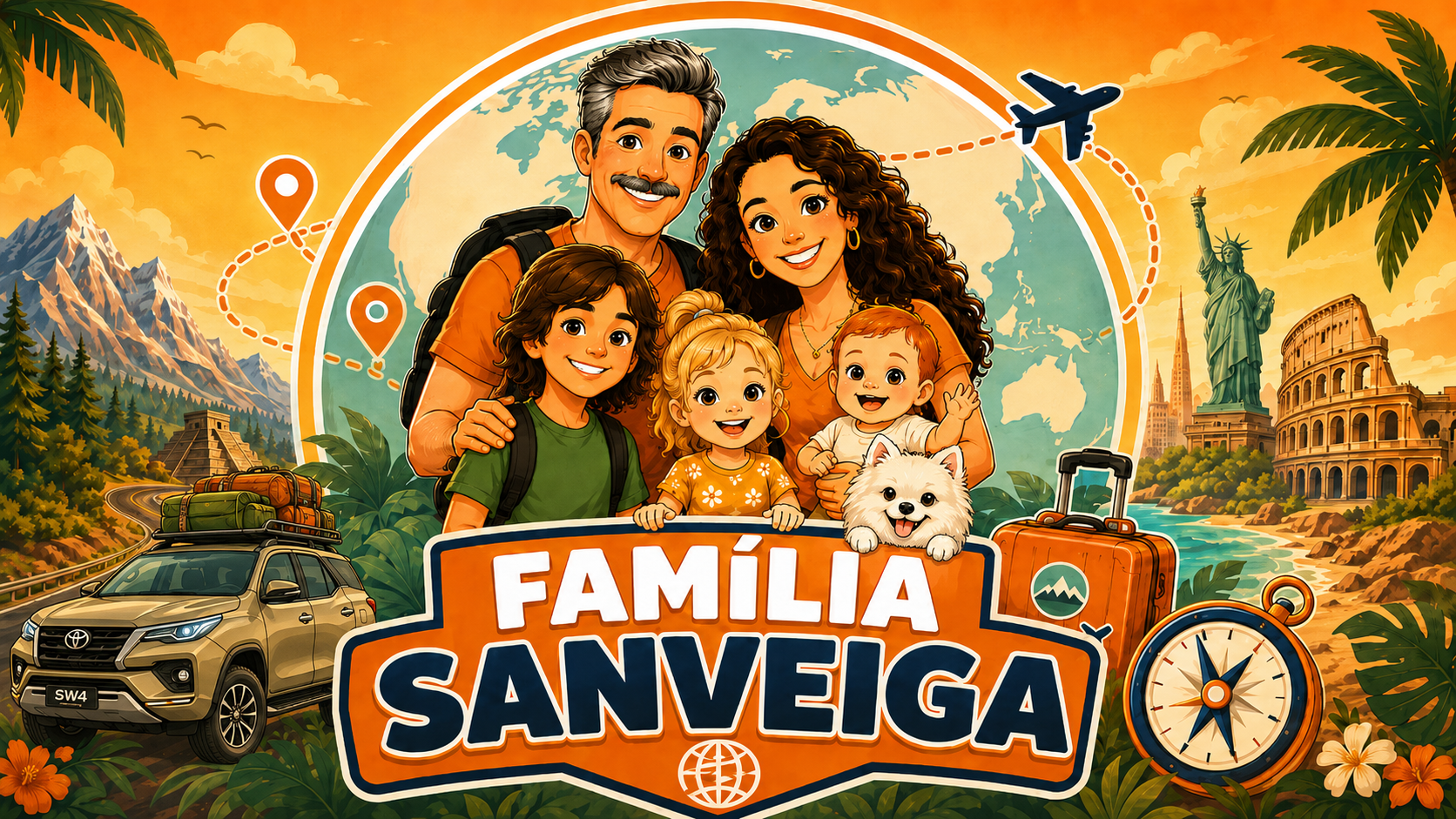 Família Sanveiga — pai, mãe, três filhos e o cachorro prontos para viajar o mundo